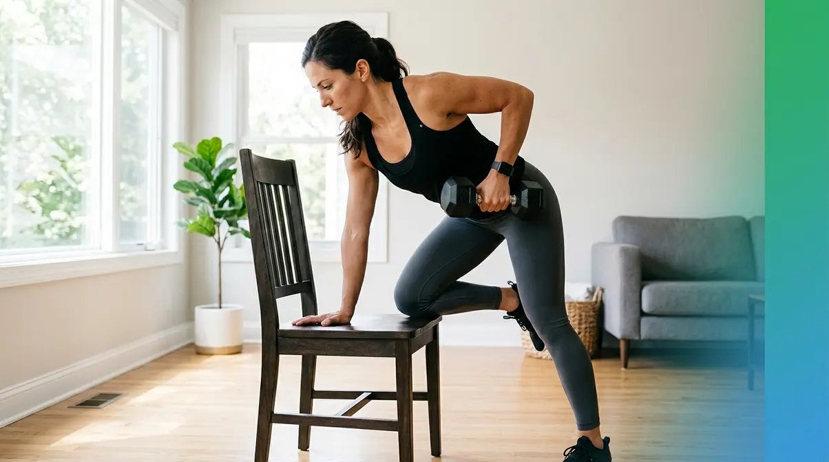 Person performing one-arm dumbbell row during pull day workout at home