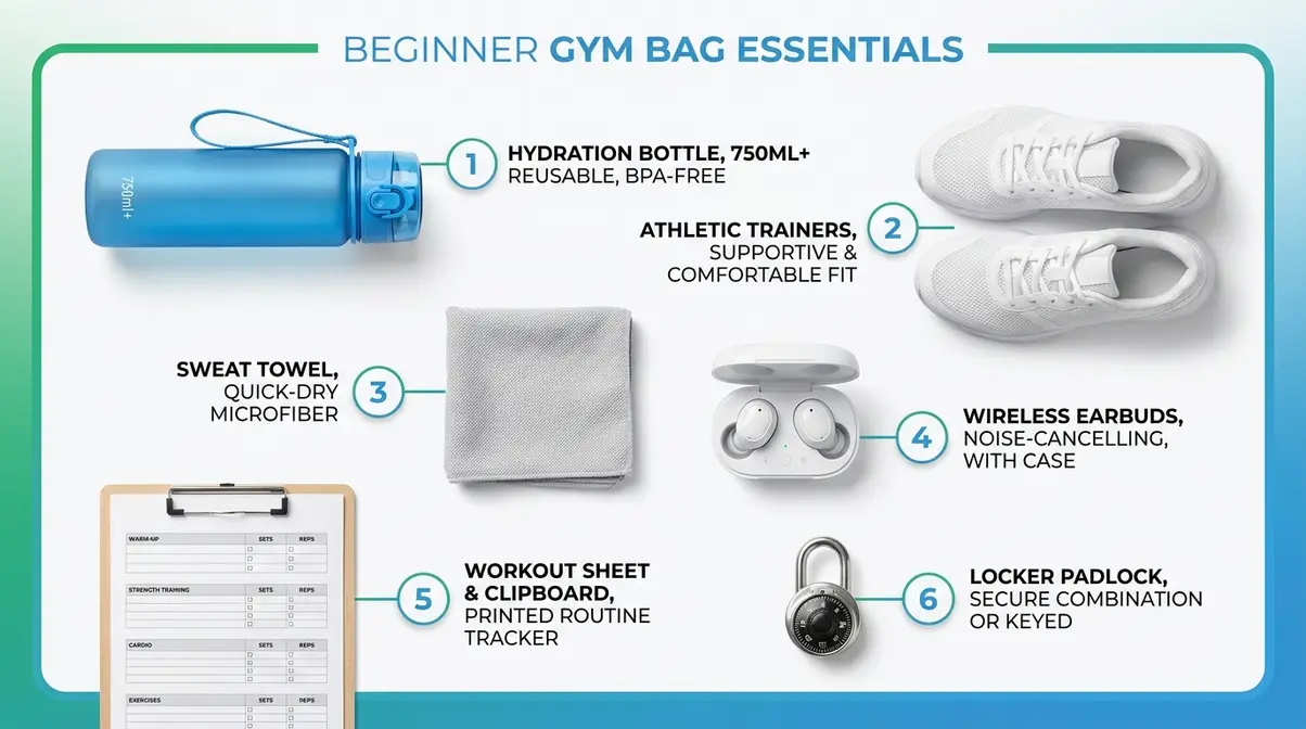 Beginner gym workout routine essential gear checklist — water bottle, shoes, towel, earbuds, plan, lock