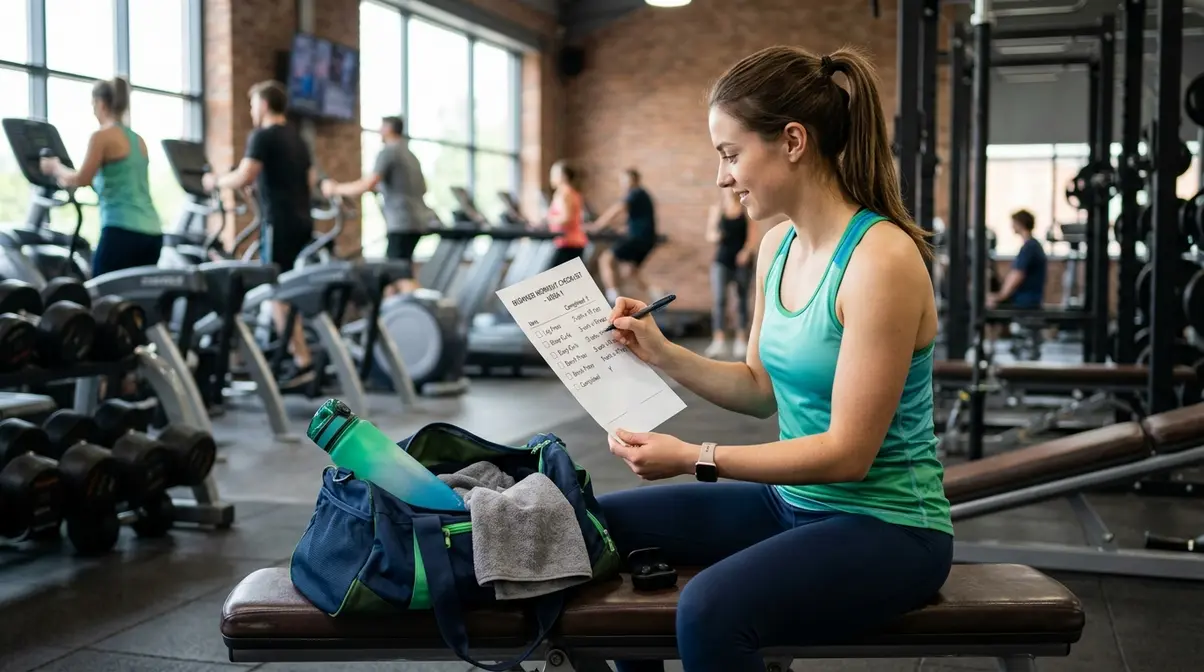 Beginner preparing for first gym session with checklist, bag, and workout plan on gym bench