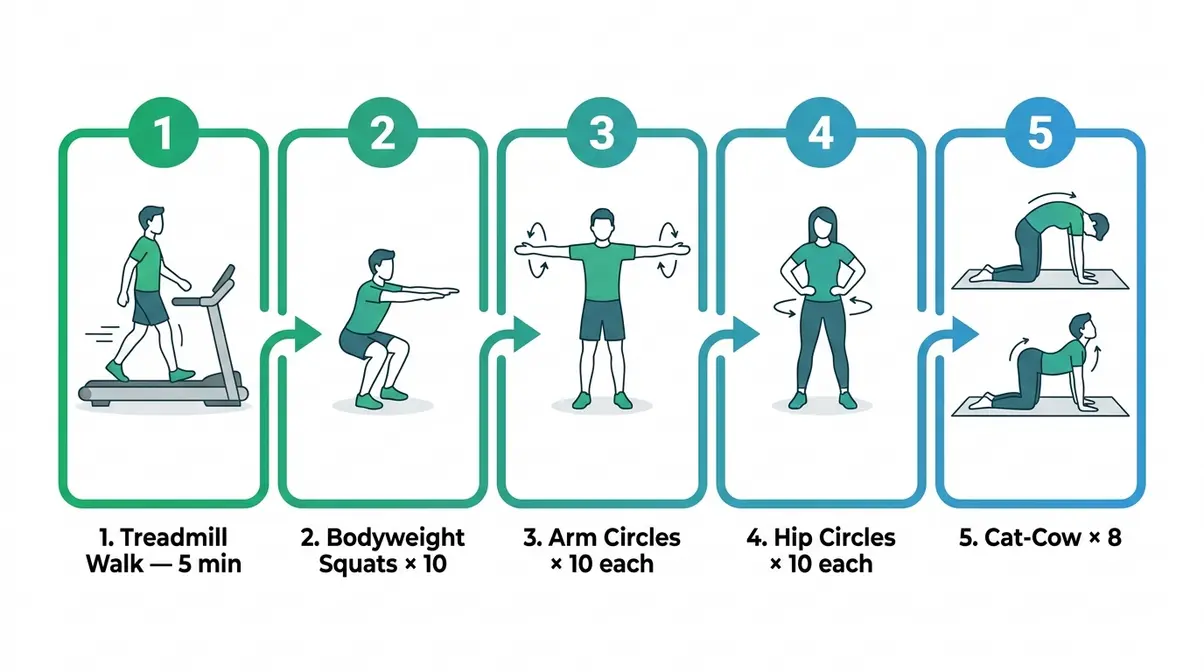 Beginner gym warm-up routine step-by-step demonstration — 5 exercises before strength training