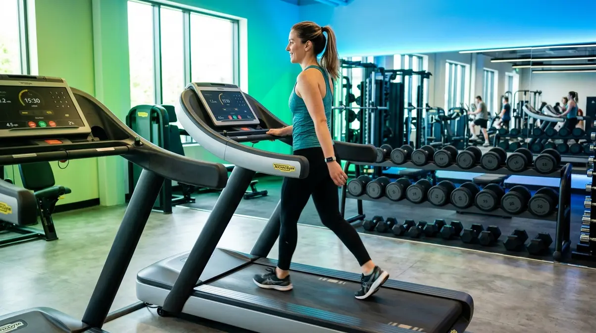 Beginner gym weight loss routine combining treadmill cardio and strength training in modern gym