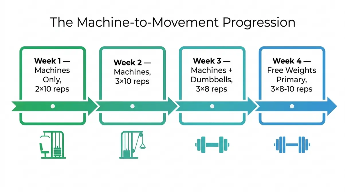 Beginner gym workout routine 4-week Machine-to-Movement Progression chart from machines to free weights