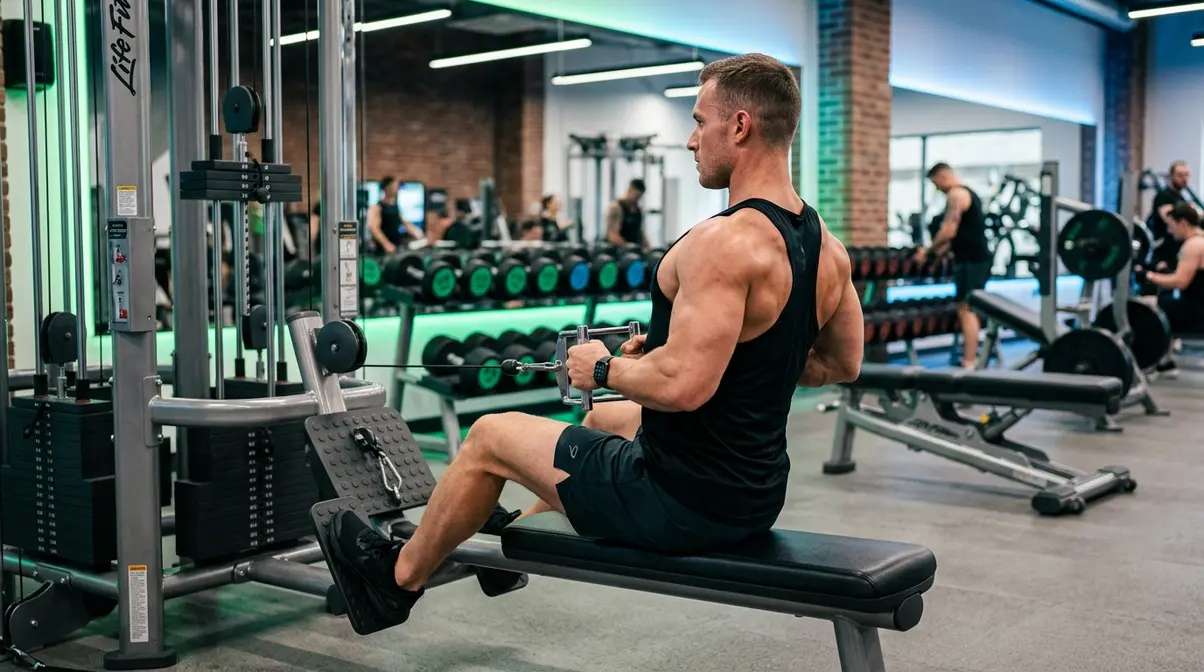 Man performing seated cable row with correct form as part of beginner gym compound workout for men