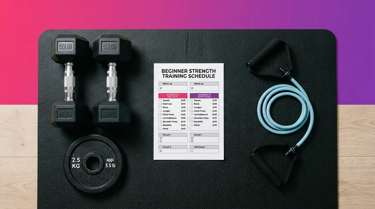 Beginner strength training program equipment flat lay with dumbbells resistance band and workout schedule