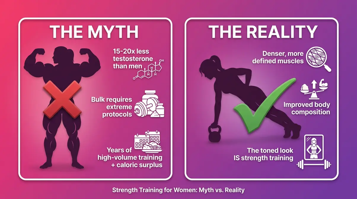 Infographic comparing the bulky myth versus the toned reality of strength training for women beginners
