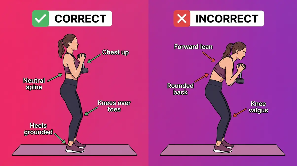 Side-by-side illustration of correct versus incorrect goblet squat form for beginner women strength training