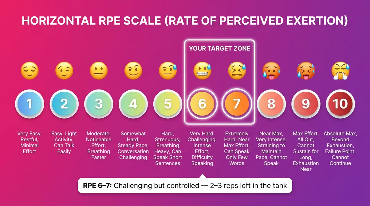 RPE scale infographic 1 to 10 showing beginner strength training weight selection target zone at 6 to 7