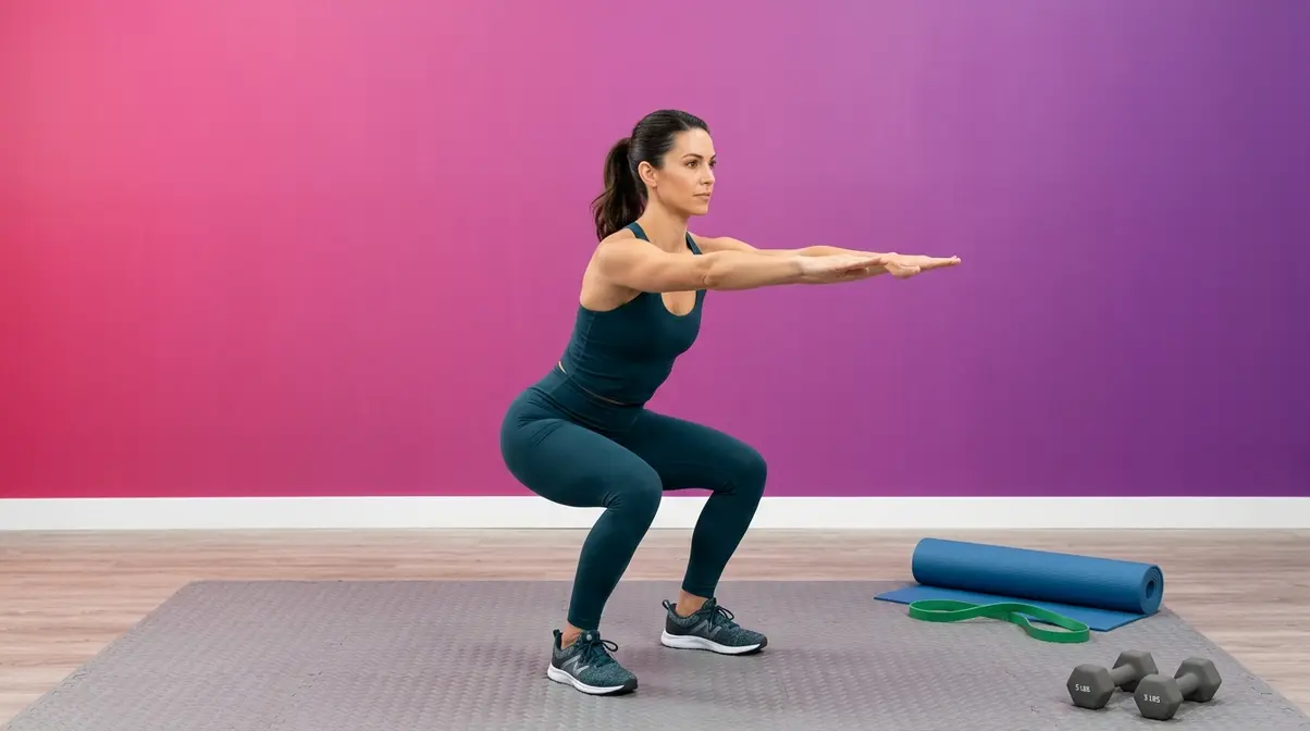 Woman performing bodyweight squat warm-up before beginner strength training session at home