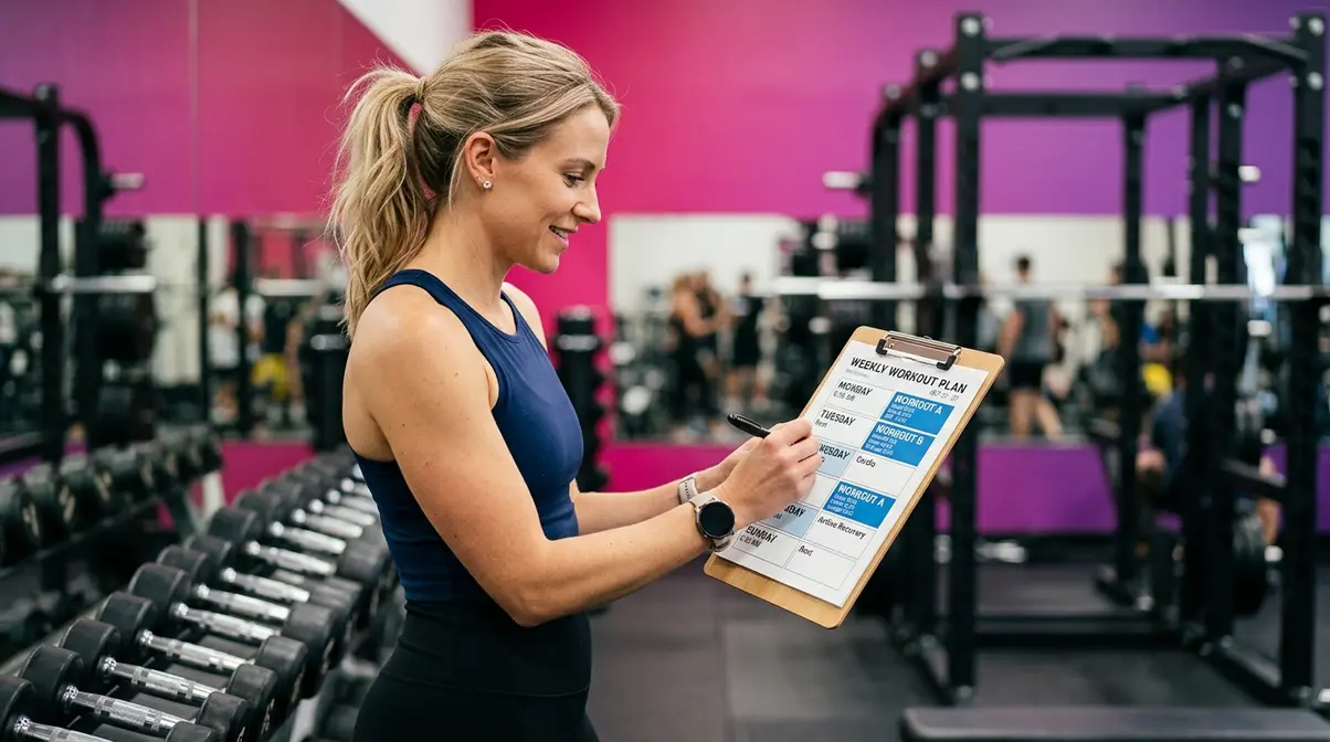 Woman reviewing weekly strength training schedule showing Monday Wednesday Friday beginner workout plan
