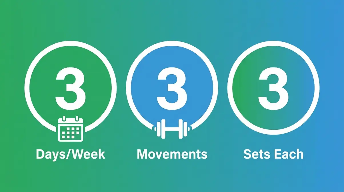 3-3-3 beginner strength training blueprint concept showing three days, movements, and sets per exercise