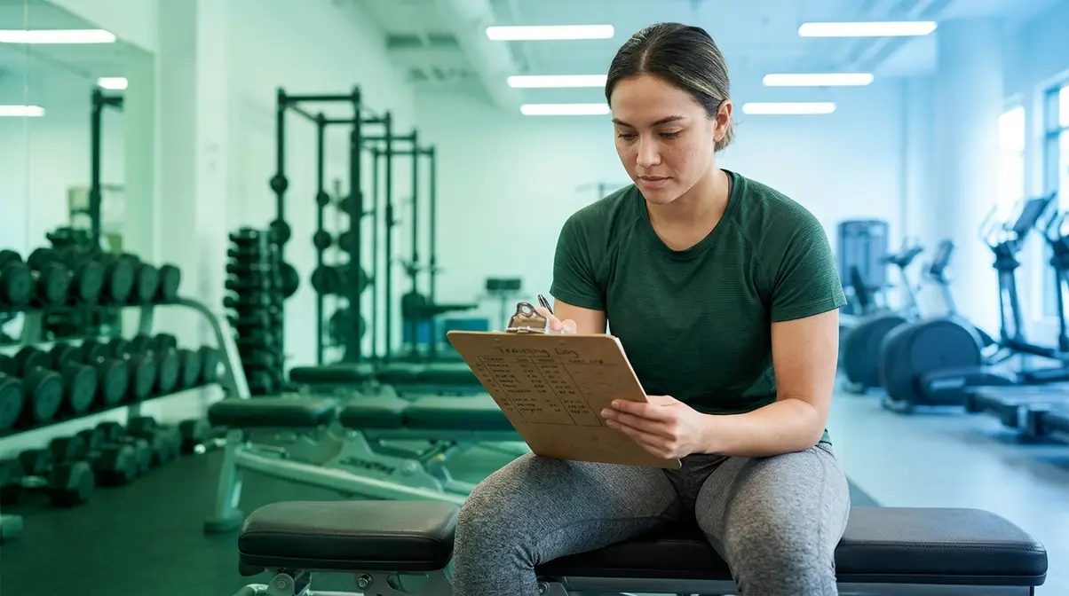 Beginner strength training routine overview showing athlete preparing for a 3-day gym workout with training log
