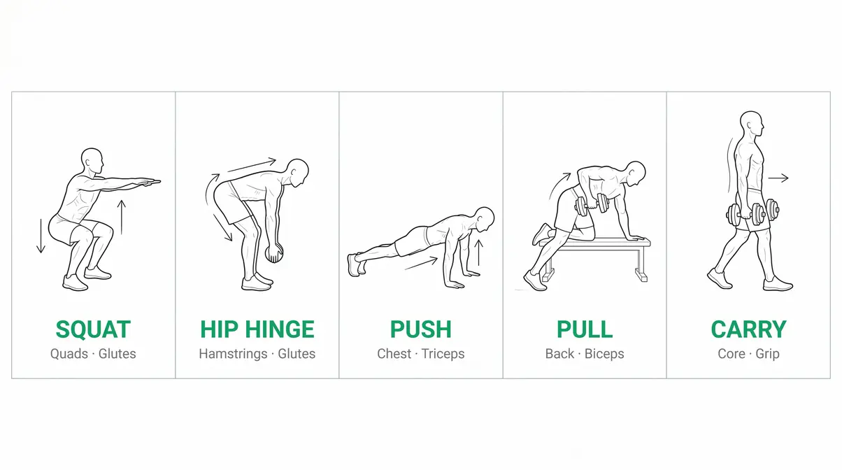 Five basic strength training movements diagram for beginners: squat, hinge, push, pull, carry