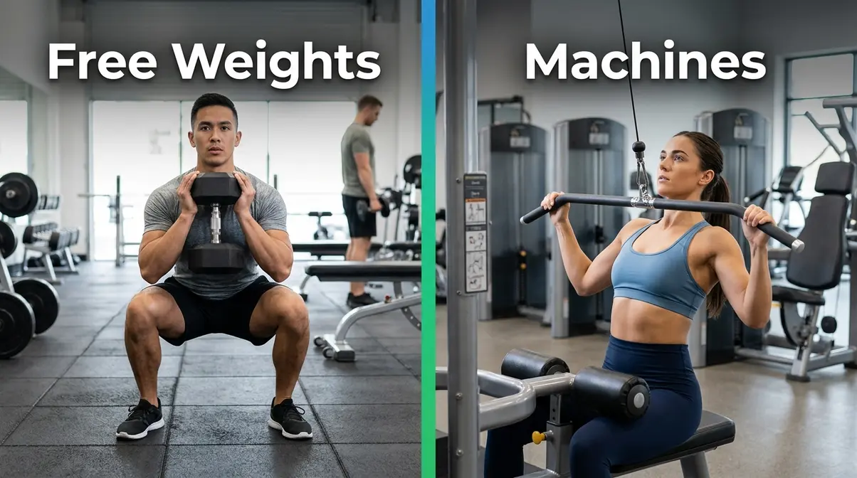 Free weights versus machines comparison for beginner gym routine showing dumbbell squat and lat pulldown machine