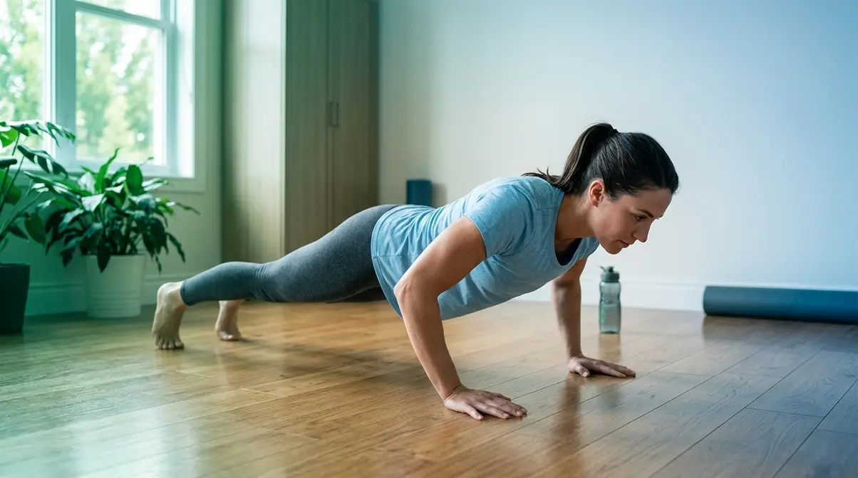 Beginner strength training at home with no equipment showing person performing bodyweight exercise in living room