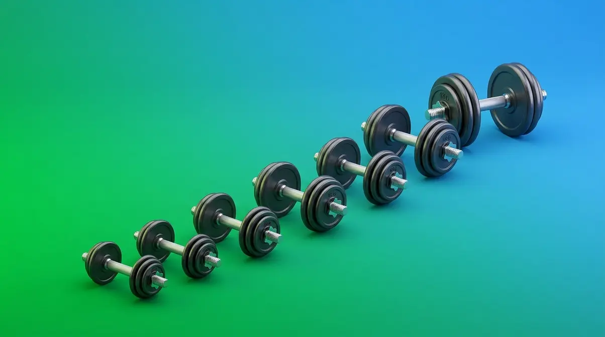 Strength training progressive overload concept showing ascending dumbbells representing incremental progress rules