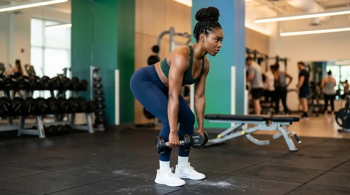 Women beginner strength training routine showing confident woman performing dumbbell exercise with proper form