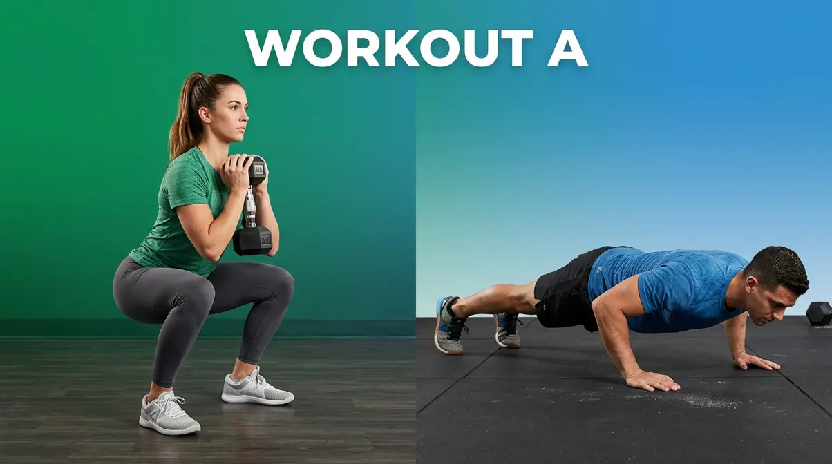 Workout A push and squat focus showing goblet squat and push-up exercises for beginner strength training