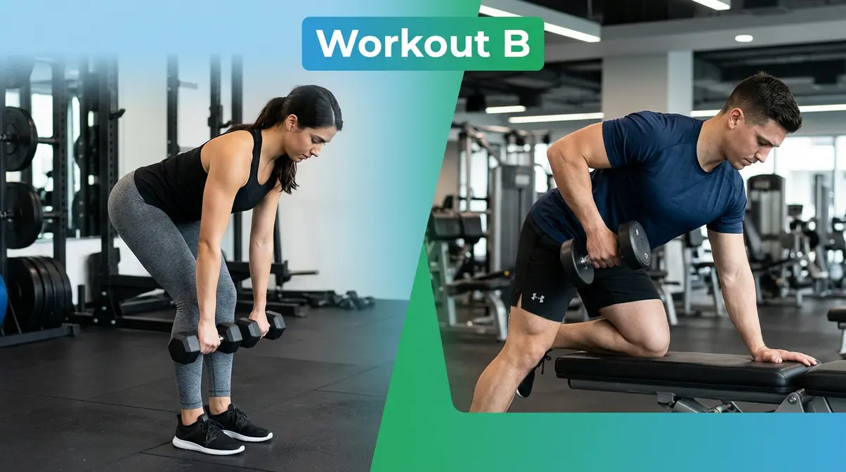Workout B pull and hinge focus showing Romanian deadlift and dumbbell row for beginner strength training