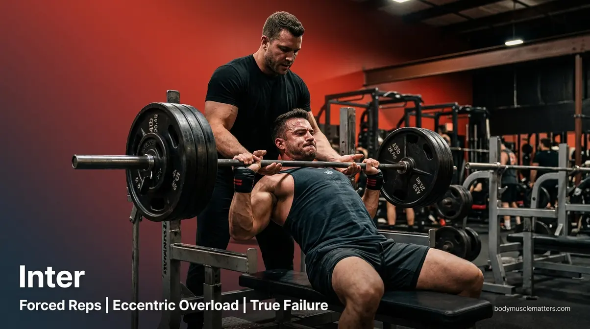 Advanced gym training technique with a spotter assisting eccentric overloading on the barbell bench press