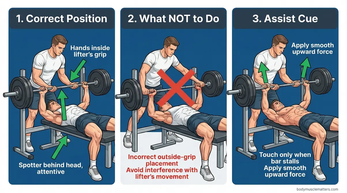 Step-by-step illustrated guide showing correct gym spotter hand placement for the barbell bench press