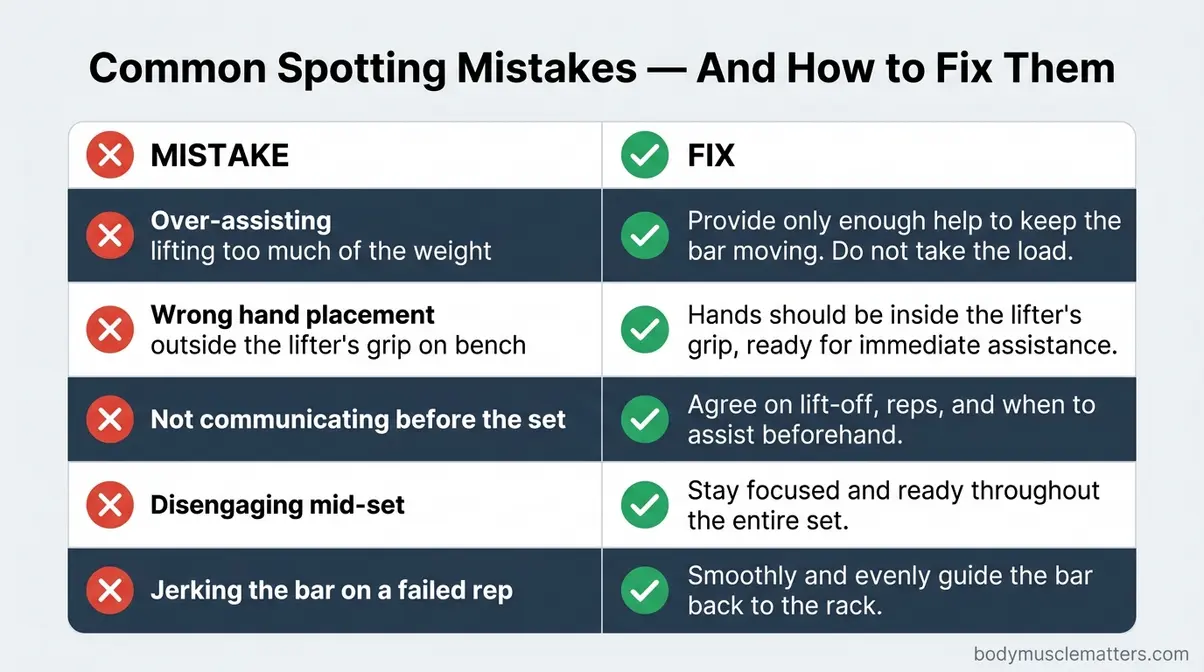 Checklist infographic of the five most common gym spotter mistakes and how to fix each one