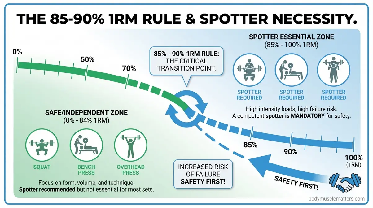 infographic illustrating the 85 to 90 percent one rep max threshold for requiring a gym spotter with exercise examples