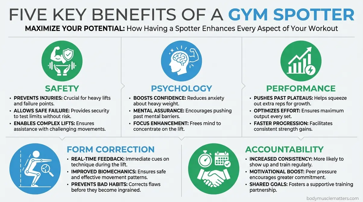infographic showing the five benefits of a spotter in the gym including safety, psychology, performance, form correction, and accountability