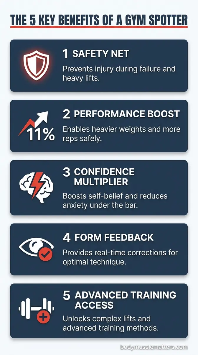 Infographic showing the five key benefits of a gym spotter including safety, performance, and form feedback