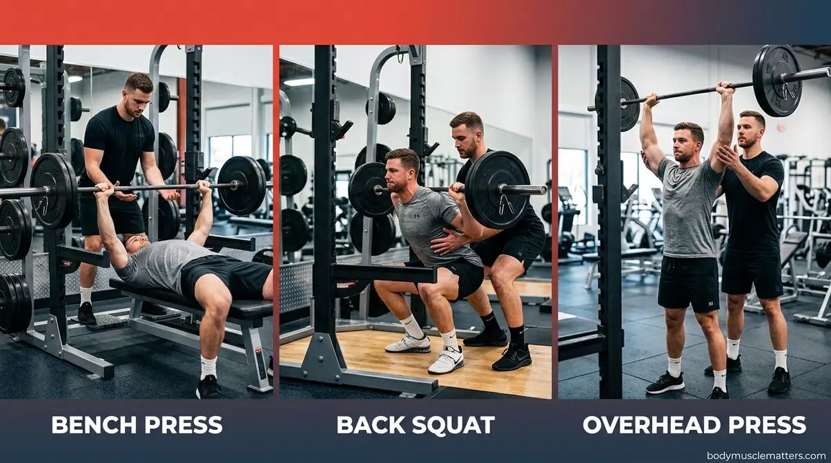 Three gym lifts that require a spotter — bench press, back squat, and overhead press shown side by side