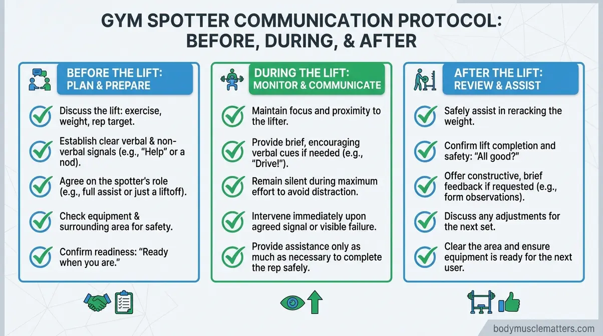 checklist showing a gym spotter's communication protocol before during and after a lift