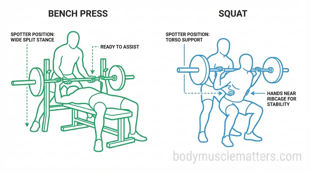 diagram showing correct gym spotter positions for bench press with wide split stance and squat with hip support