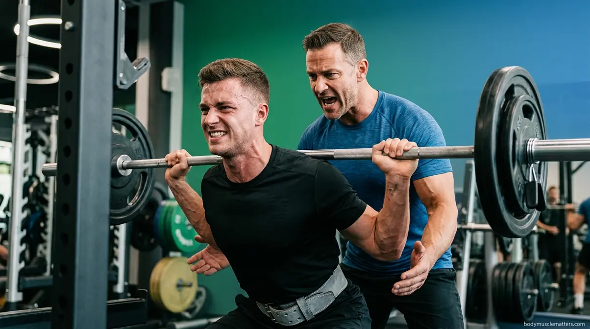 Gym spotter providing verbal encouragement to a lifter during a heavy repetition