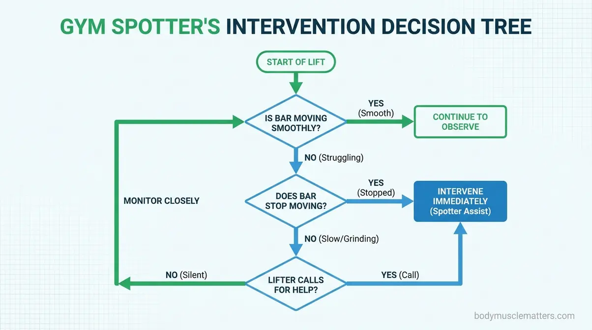 flowchart showing a gym spotter's decision tree for when to intervene during a lift