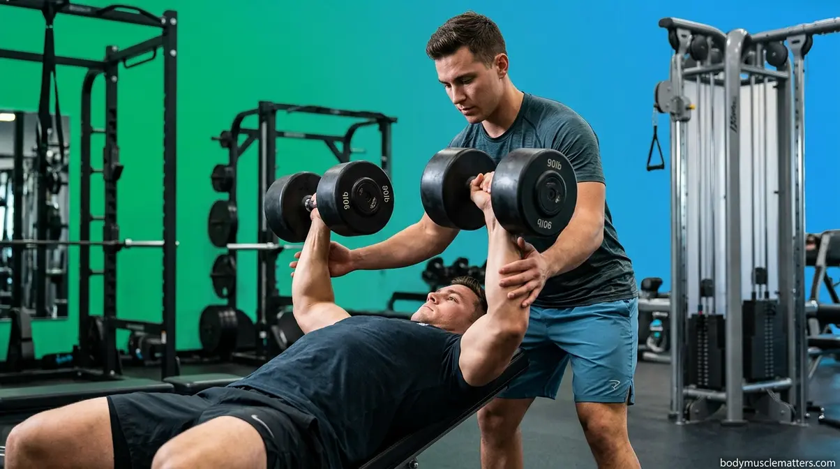 Correct spotting technique for dumbbell bench press showing support at the wrists