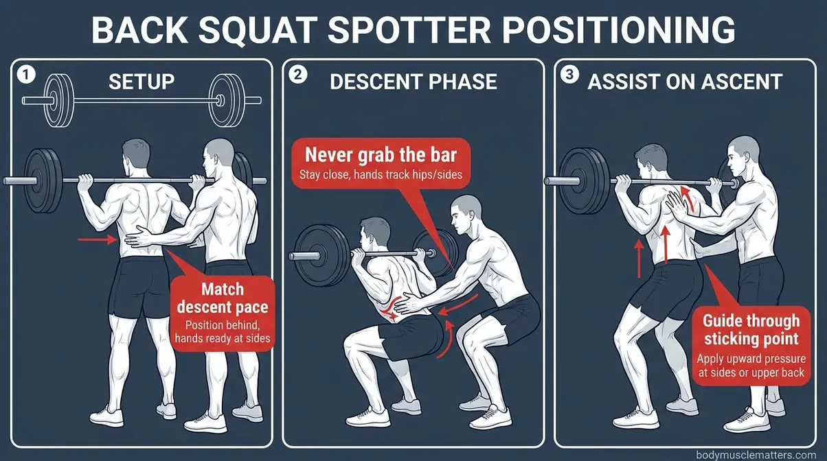 Step-by-step illustrated guide showing correct gym spotter positioning for the back squat exercise