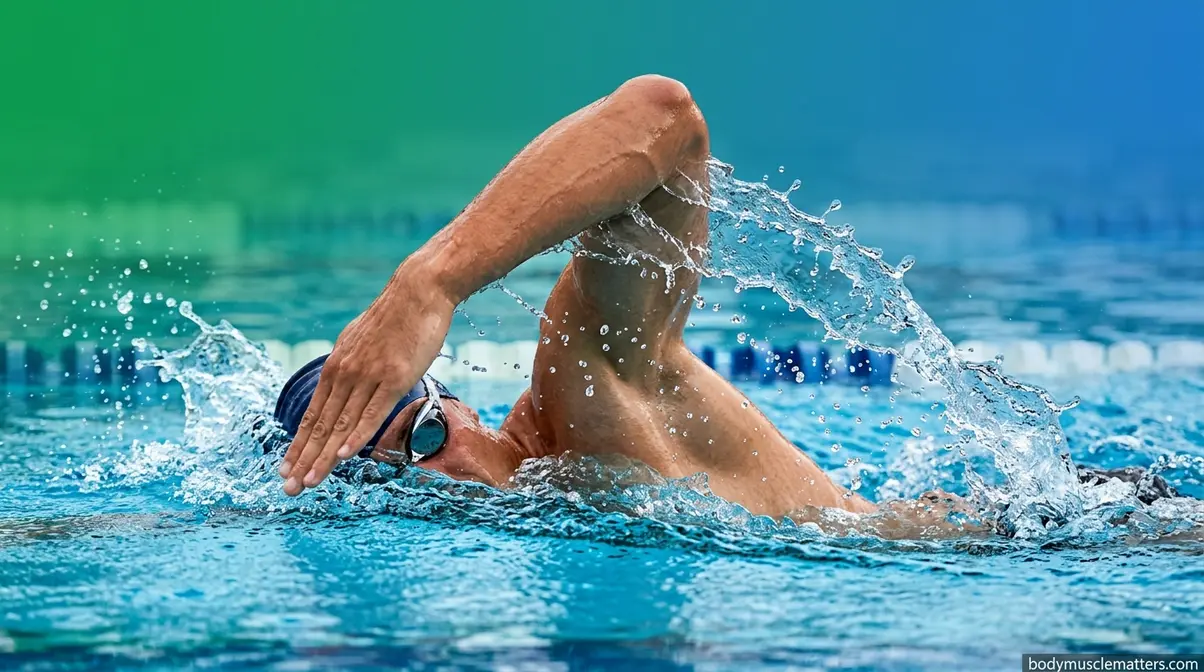 Swimmer demonstrating proper high-elbow catch technique for efficient freestyle swimming