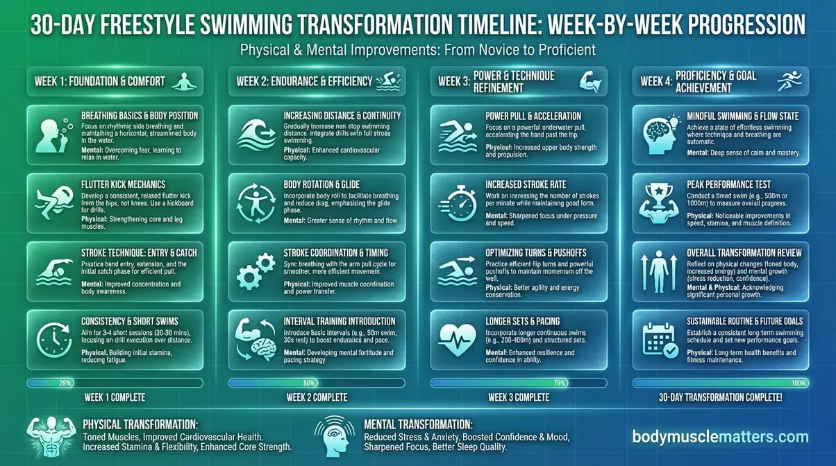 Infographic showing week-by-week physical and mental improvements during a 30-day freestyle swimming program