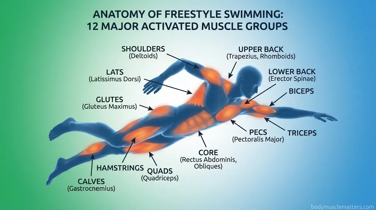 Diagram showing 12 muscle groups activated during freestyle swimming including shoulders, lats, core, and glutes