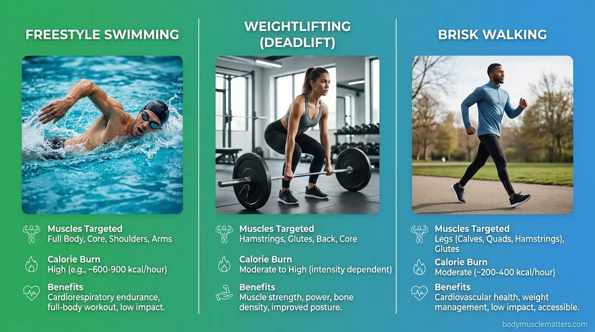 Comparison of calorie burn and joint impact between swimming, gym workouts, and walking