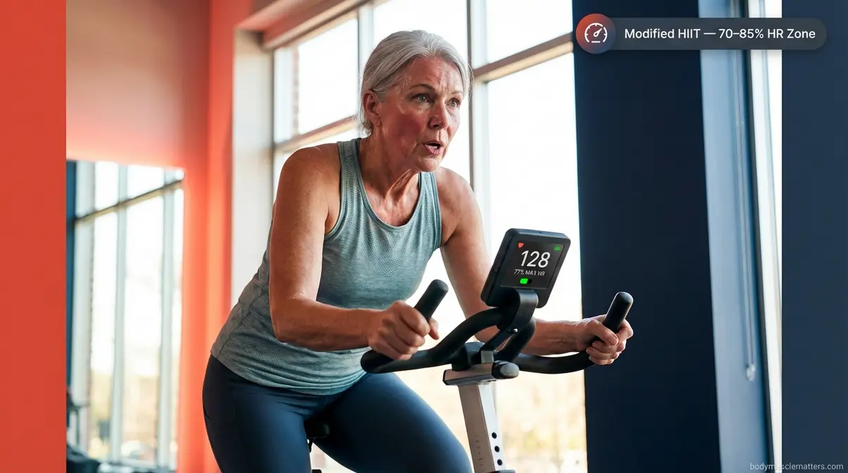 Older adult over 65 performing low-impact stationary bike HIIT interval with heart rate monitor showing safe training zone