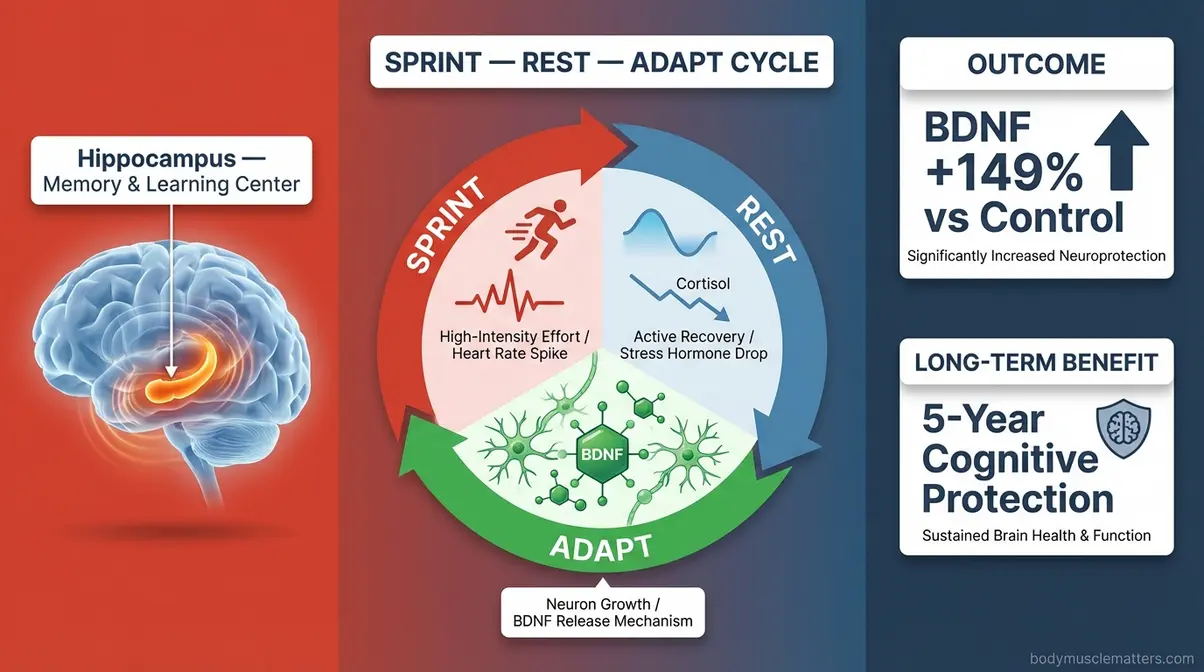 Infographic diagram showing HIIT triggering BDNF release in hippocampus for brain health benefits of HIIT training