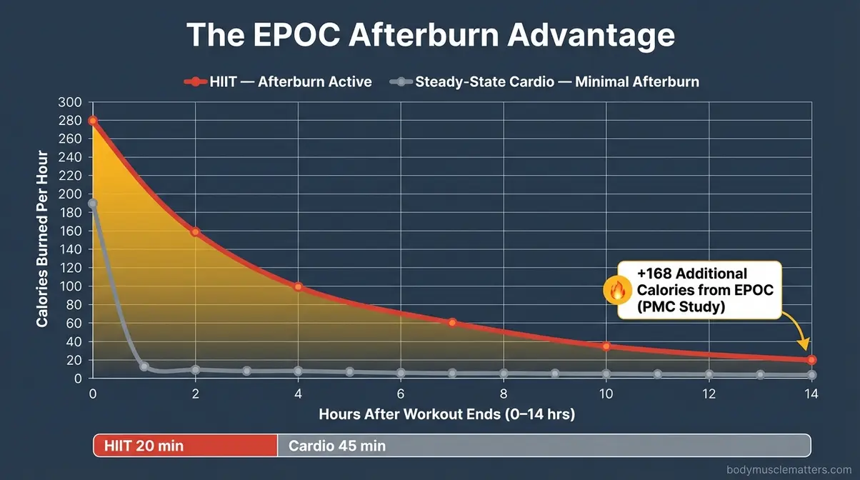 Line graph comparing HIIT versus steady-state cardio post-exercise calorie burn rate over 14 hours showing fat loss benefits