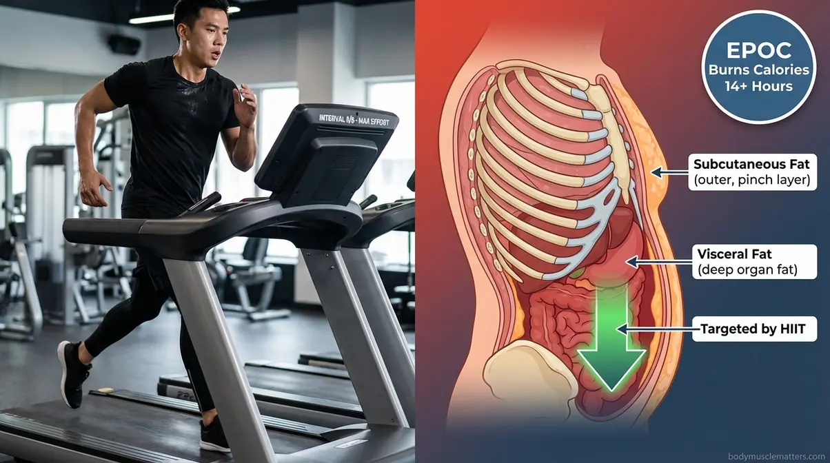 Illustration showing HIIT fat loss mechanism targeting visceral belly fat alongside EPOC afterburn effect benefits