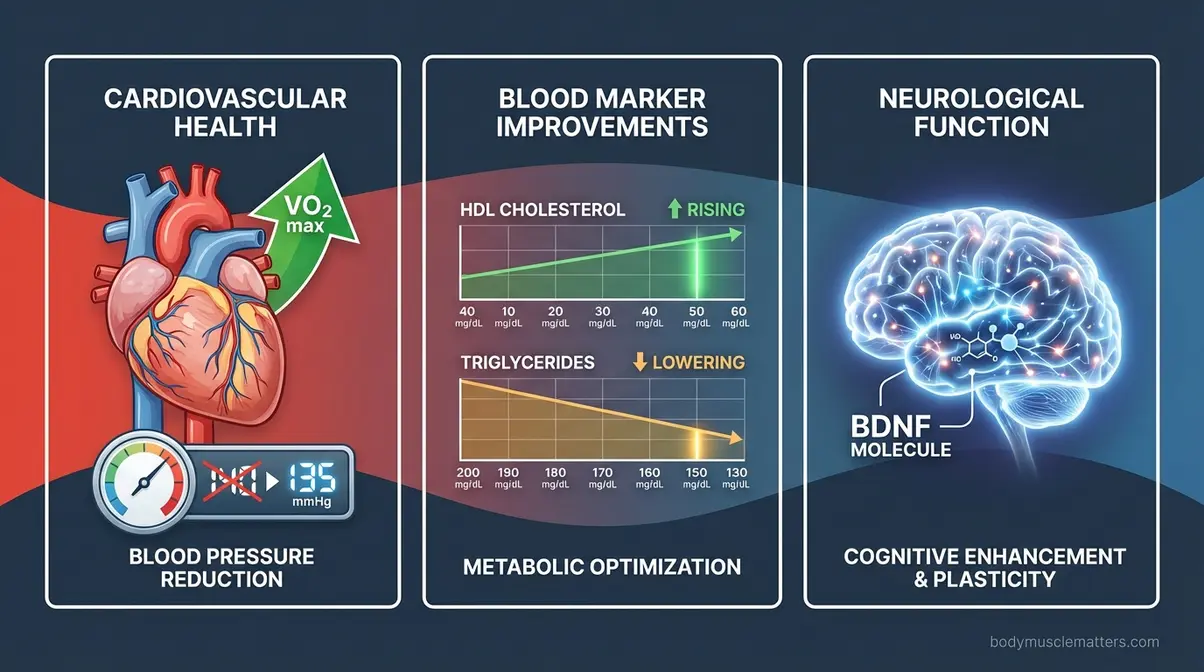 Medical illustration showing HIIT benefits for heart health, blood markers including HDL cholesterol and brain BDNF production
