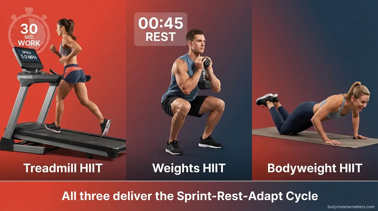 Three HIIT training modalities shown side by side including treadmill weights and bodyweight exercises for beginners