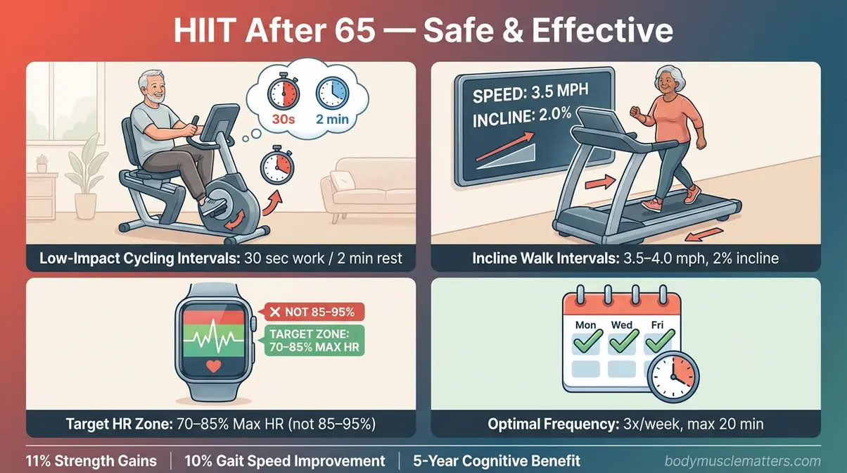 Illustrated guide showing low-impact HIIT modifications for adults over 65 including seated cycling and walking intervals
