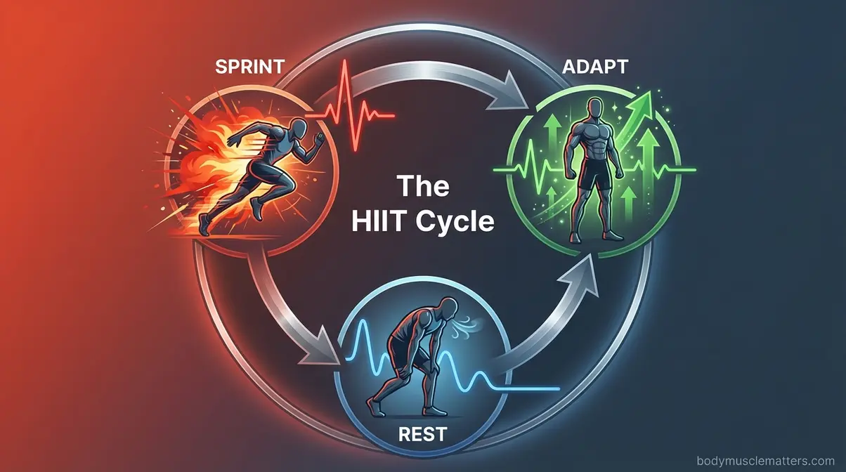 Circular diagram illustrating the HIIT Sprint-Rest-Adapt Cycle showing three stages of high-intensity interval training