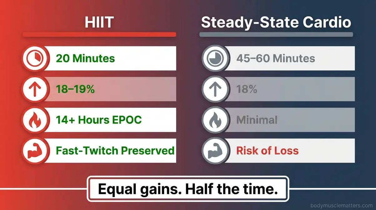 Side-by-side infographic comparing HIIT versus steady-state cardio time commitment and VO2 max gains for training efficiency