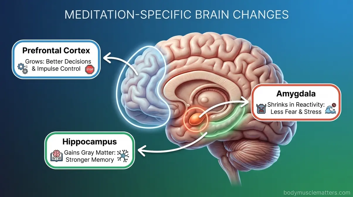 Brain diagram showing meditation effects on amygdala, prefrontal cortex, and hippocampus with labeled neurological changes