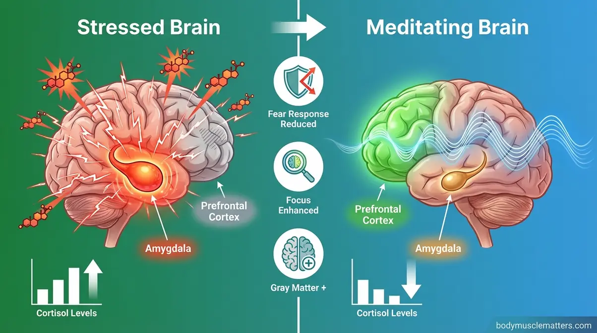 Benefits of meditation on the brain — infographic comparing amygdala shrinkage and prefrontal cortex growth during meditation vs. stress